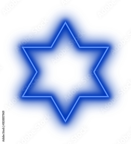 Glowing blue neon Israel star symbol isolated on transparent background for modern graphics