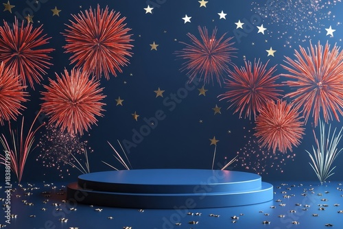 podium surrounded by festive fireworks and stars on a blue background, symbolizing celebration and independence, Generative AI