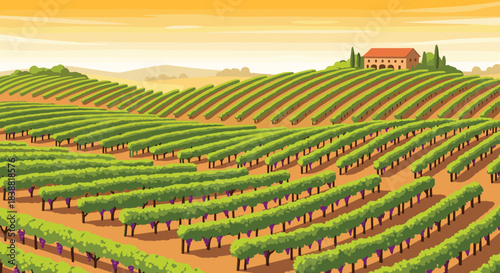 Picturesque pixel art landscape of a sprawling vineyard with lush rows of grapevines, a charming farmhouse in the distance under a warm sunset sky.