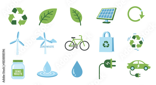 Collection of pixel art eco-friendly and sustainability icons, illustrating recycling, renewable energy, zero waste, and environmental protection.