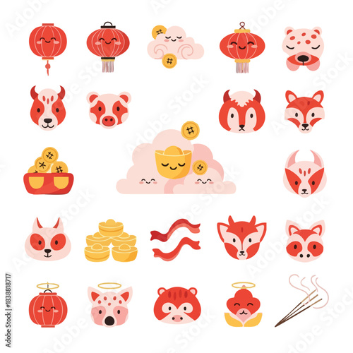 A vibrant collection of digital illustrations featuring Chinese New Year icon pack elements, including red lanterns, golden coins, and adorable animal faces. Perfect for celebrations,