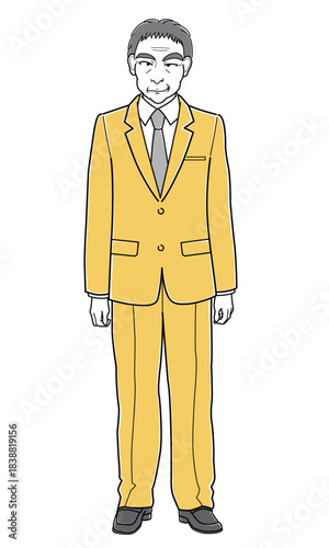 ニヒルな笑みで立っているスーツの中年男性（シンプル）