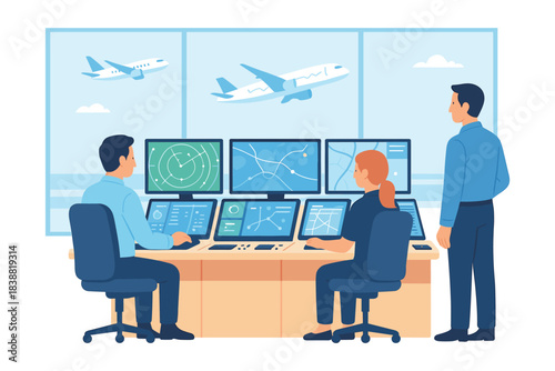 Air traffic controllers monitoring aircraft flight paths and radar screens inside airport control center with multiple monitors and teamwork, flat vector illustration