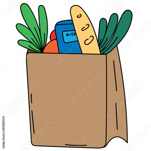 grocery bag, shopping, online store, food delivery, Vector isolated element, hand-drawn, outline with color fill