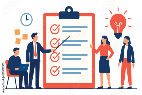 Business team planning project tasks with checklist on board, people discussing ideas and goals during a meeting for productivity and organization, Flat Vector Illustration