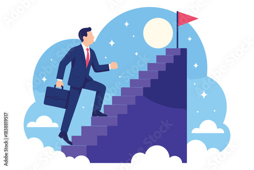 Businessman climbing stairs toward success with briefcase in hand, symbolizing achievement, determination, and motivation for reaching professional goals, Flat Vector Illustration