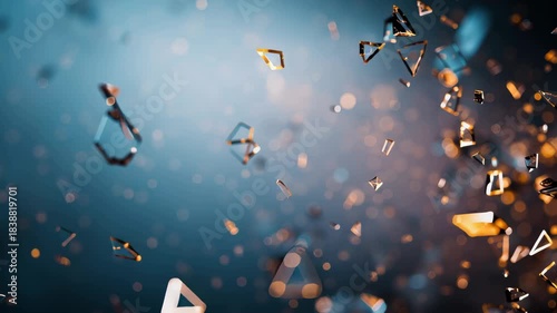 Shattered glass with suspended flying shards and dramatic motion blur on blue background for impactful breakage and destruction concept