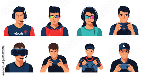 Dynamic collection of pixel art portraits depicting diverse male and female gamers with headphones, VR headsets, and controllers.