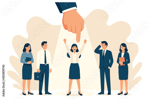 Businesswoman being selected under spotlight among group of candidates in recruitment and career choice scene, flat vector illustration