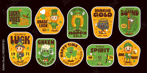 St Patrick Day groovy stickers, irish holiday hippie patches. Cartoon retro groovy leprechaun, green beer, lucky clover and horseshoe characters. Funny leprechaun gold pot, green beer, bowtie stickers