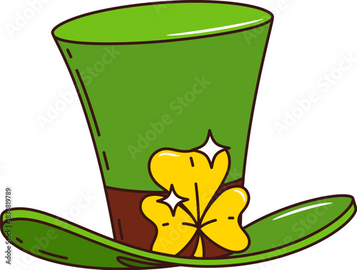 Cartoon St Patrick day groovy leprechaun green top hat Irish holiday accessory. Isolated vector retro whimsical cylinder cap in vibrant emerald hue, adorned with golden shamrock or clover plant buckle
