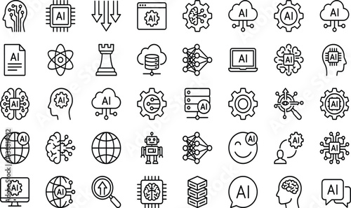 Artificial intelligence line icons set showing AI technology, machine learning, neural networks, automation, data processing, robotics, digital innovation, cloud computing concepts