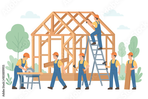 Construction workers building a wooden house frame with teamwork and tools in outdoor construction site, flat vector illustration