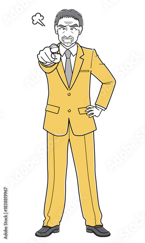 指をさして怒っているスーツの中年男性（シンプル）