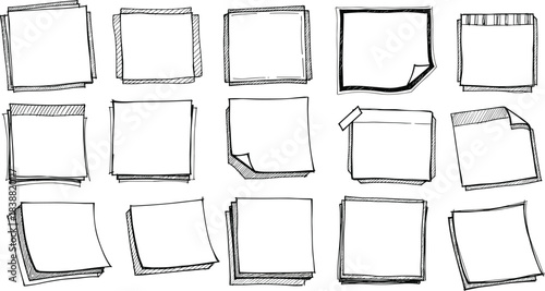 Hand Drawn Sticky Notes Set – Blank Sketch Paper, Doodle Memo Frames, Empty Note Pads and Outline Template Vector Collection