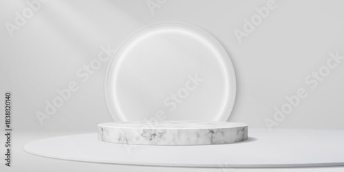 White marble podium stage with round platform and LED light for product display, vector studio showroom. Podium with white marble stage and light circle for exhibition showcase or display background