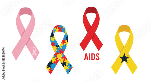 Diverse collection of four distinct awareness ribbons symbolizing various causes, including breast cancer, autism, AIDS, and military support.