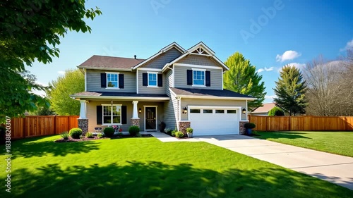 Beautiful suburban house with landscaped lawn, trees, and blue sky on a sunny day