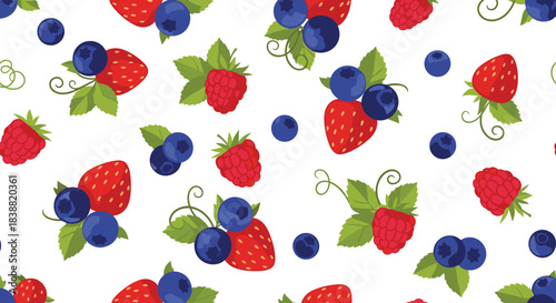 Deliciously fresh seamless pattern of ripe strawberries, raspberries, and blueberries scattered on a clean white background.