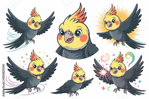 Adorable cartoon cockatiel parrot bird vector illustration collection showcasing different character poses like flying, magic, and smiling mascot bust, essential graphic resources for playful kids ent