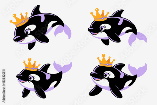 Cute cartoon killer whale princess pattern set, four different adorable baby orca marine animals adorned with golden crowns and soft purple tails, perfect vector graphics for children's nursery decor