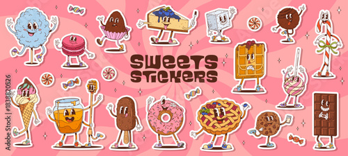 Stickers pack of retro groovy sweets and desserts characters. Psychedelic pastry food and candies vector personages of chocolate cake, ice cream and cookie. Cute groovy fruit pie, donut and waffle