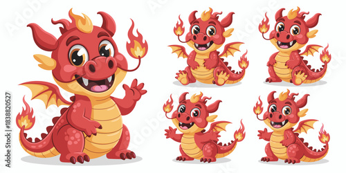 Charming cute baby red dragon mythical character vector illustration set posing and smiling playfully, an adorable fiery monster mascot design asset for fantasy, gaming, children's education, and Chin
