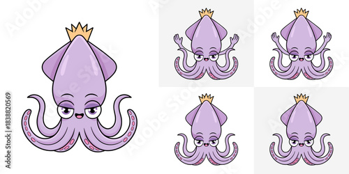 Adorable cartoon purple royal squid or octopus mascot character set wearing a majestic golden crown, showcasing diverse expressive poses, ideal vector illustration for modern web design, digital stick