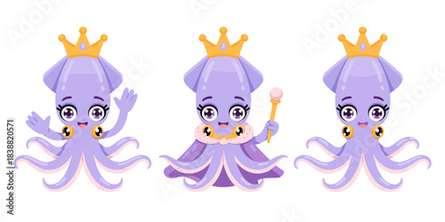 Adorable kawaii purple squid princess queen mascot illustration vector character set isolated on white background, happily smiling and waving with a majestic golden crown and royal scepter, charming m