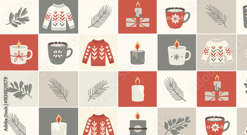 Cozy hygge-style seamless pattern with Christmas elements like ugly sweaters, warm candles, and hot chocolate in a patchwork design.