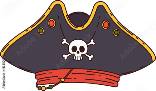 Cartoon caribbean pirate tricorn hat with skull. Filibuster skipper funny costume accessory, corsair captain cartoon isolated vector clothing item. Groovy corsair pirate sailor or fighter tricorn hat