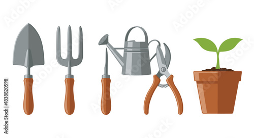 Essential gardening tool collection isolated on a white background, including a trowel, fork, watering can, and a new plant.