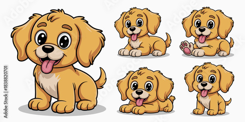 Adorable cartoon golden retriever puppy dog mascot character collection sitting, resting, and playing, featuring an expressive smile, big eyes, and various playful poses, a friendly vector illustratio