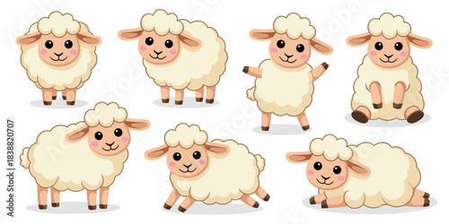 Adorable cartoon fluffy sheep and baby lambs posing together, a sweet vector illustration set displaying multiple poses like standing, sitting, running, or resting, isolated against a pure white backg