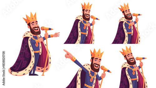 Smiling cartoon king character with beard and golden crown, wearing royal purple cape, performing, speaking, or singing into a retro golden microphone, demonstrating leadership and authority in a vect