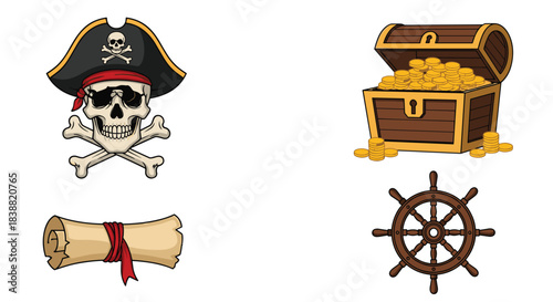 Exciting collection of cartoon pirate icons, including a jolly roger skull, a chest of gold, a map, and a ship's helm.