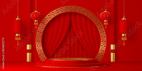 3d red circular vector podium stage with traditional Asian Chinese lanterns, elegant fabric curtains, ornate golden pedestal stand, columns and arch with ornament. Realistic lunar new year podium