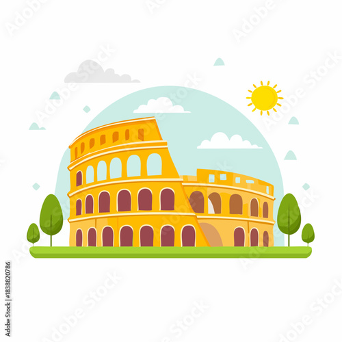 Illustrated Colosseum in Rome with Trees and Sun.