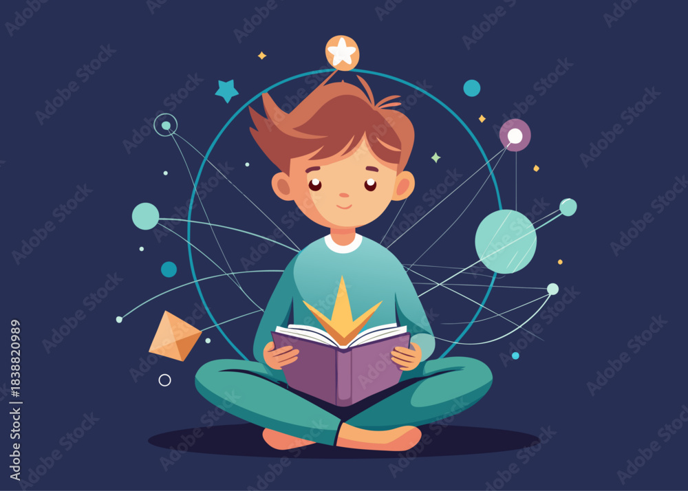 Fototapeta premium Boy reading magical book connected to stars, universe, and imagination