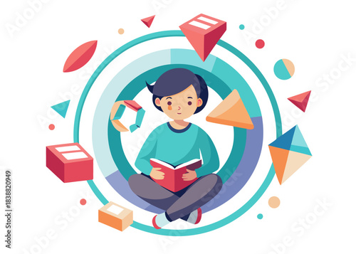 Boy reading book surrounded by geometric shapes, education concept
