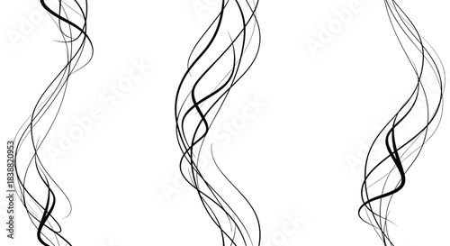 Collection of abstract vertical wavy and flowing black line art elements, creating a sense of smoke, hair, or liquid movement.