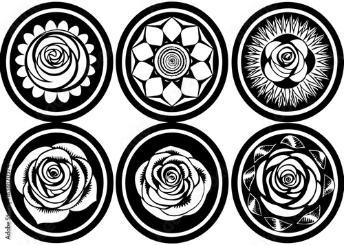 Black and white decorative rose emblems, floral tattoo badges