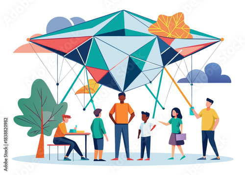 Diverse group collaborating on a big geometric abstract project outdoors