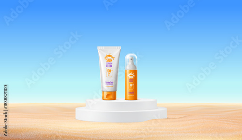 3d white vector podium stage with sunscreen cosmetics products on beach sand. White stand with uv protection sunscreen skincare protection cream tube and lotion bottle presented on circular pedestal