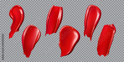 Realistic red lipstick or cosmetic swatch smears of lip color makeup, vector set. Lipstick swatch with glossy or matte cream texture, red paint smear or blob stroke smudge for lipstick or nail polish