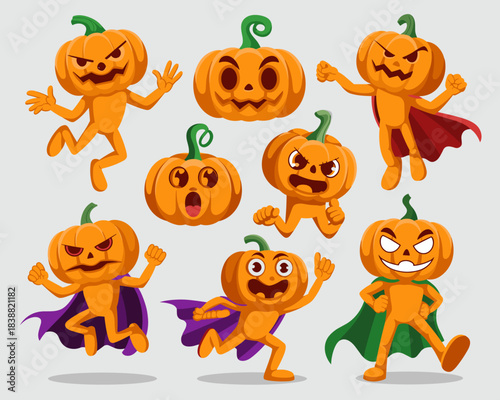 Spooky and cute vector illustration set featuring multiple orange pumpkin monster mascots displaying dynamic actions like jumping, running, and superhero flying, essential graphic resources for fun Ha