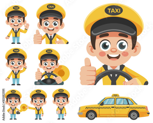 Friendly professional cartoon taxi driver character vector illustration giving a thumbs up, driving, and holding keys, showcasing excellent urban transportation service, reliable city cab commutes, pu