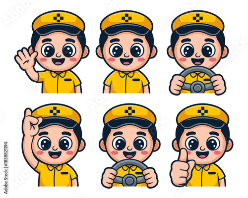Cheerful, cute, professional cab driver mascot character illustration set showing six expressive actions like waving, driving, pointing, and giving a successful thumbs up for transportation service an