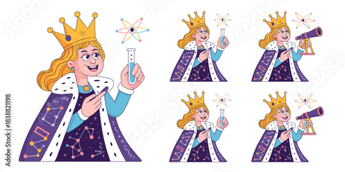 Intellectual Queen scientist holding chemistry test tube and astronomy telescope, symbolizing professional research, knowledge, STEM education, and female leadership, depicted in a modern, friendly fl