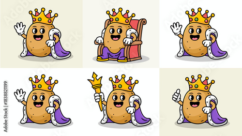 Cute potato king mascot cartoon character vector illustration set showing different actions like sitting on a majestic throne, waving a friendly greeting, holding a golden scepter, and giving a positi